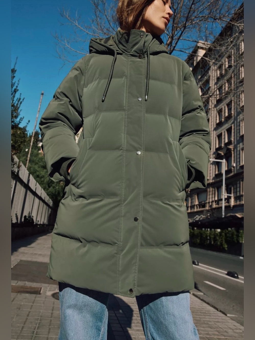 Zara NWT Olive Green Long Hooded Puffer Coat | Quilted Winter Jacket